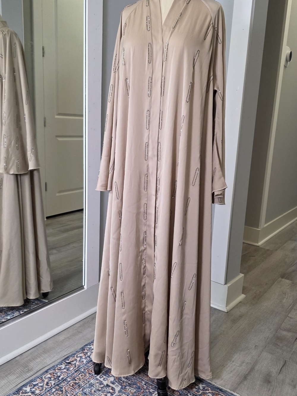 Beige Long Sleeve Abaya with Self-Tie Belt - Picture 3 of 4